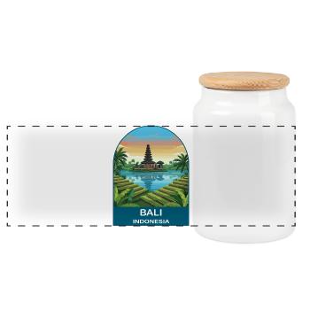 Bali Indonesia Temple Vintage Travel Illustration - Panoramic Cookie Jar with Wooden Lid - white - Front