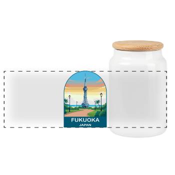 Fukuoka Japan Seaside Tower Reiseplakat - Panorama Keksdose mit Holzdeckel - Weiß - Vorne