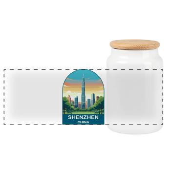 Shenzhen China Modern Skyline Vintage Travel Art - Panoramic Cookie Jar with Wooden Lid - white - Front