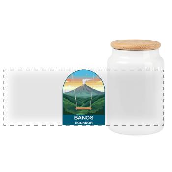 Banos Ecuador Vulkan Vintage-Reisekunst - Panorama Keksdose mit Holzdeckel - Weiß - Vorne