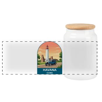 Havana Cuba Vintage Classic Car Travel Poster - Panoramic Cookie Jar with Wooden Lid - white - Front