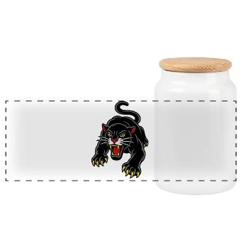 Leaping panther wild tattoo style - Panoramic Cookie Jar with Wooden Lid - white - Front
