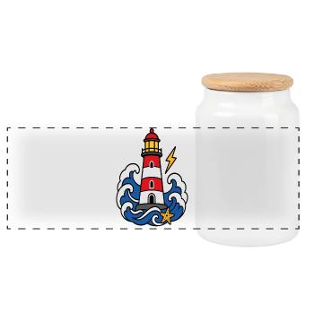 Marine-Leuchtturm- und Wellen-Tattoo-Stil - Panorama Keksdose mit Holzdeckel - Weiß - Vorne
