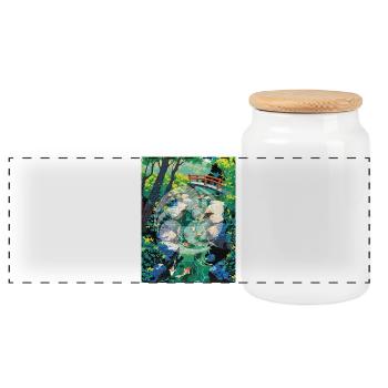 Japanese Koi river landscape with Kamon design - Panoramic Cookie Jar with Wooden Lid - white - Front