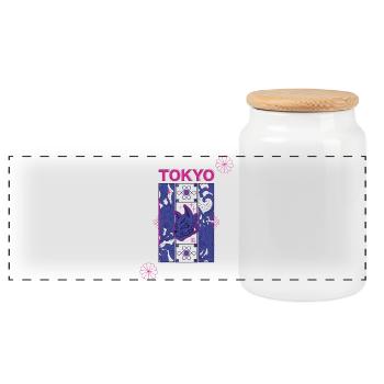 Tokyo Neon Kitsune design - Panoramic Cookie Jar with Wooden Lid - white - Front