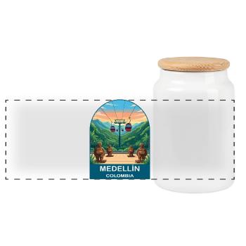 Medellin Colombia Botero & Metrocable Travel Art - Panoramic Cookie Jar with Wooden Lid - white - Front