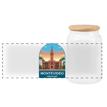Montevideo Uruguay Palacio Salvo Travel Poster - Panoramic Cookie Jar with Wooden Lid - white - Front