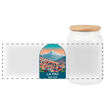 La Paz Bolivia Cable Car Vintage Travel Art - Panoramic Cookie Jar with Wooden Lid - white - Front