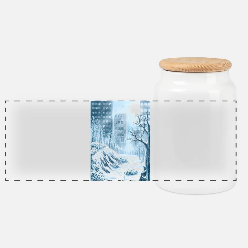 Schneebedeckte Winterblaue Stadt - Panorama Keksdose mit Holzdeckel - Weiß
