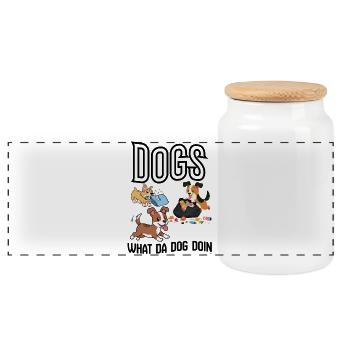 Dogs cleaning up trash - Panoramic Cookie Jar with Wooden Lid - white - Front