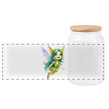 Green Fairy of Leaves and Wings - Panoramic Cookie Jar with Wooden Lid - white - Front