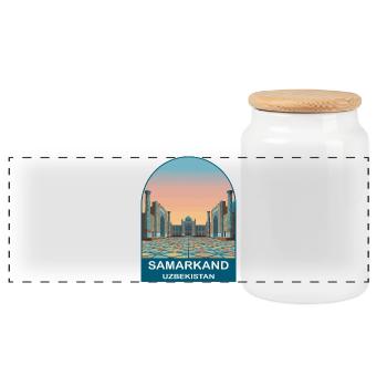 Samarkand Usbekistan Vintage-Seidenstraße-Poster - Panorama Keksdose mit Holzdeckel - Weiß - Vorne