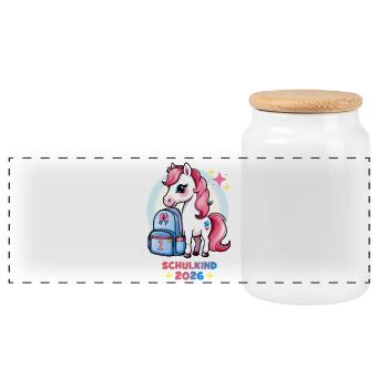 Pony mit Schulranzen Schulkind 2026 Rosa Blau - Panorama Keksdose mit Holzdeckel - Weiß - Vorne