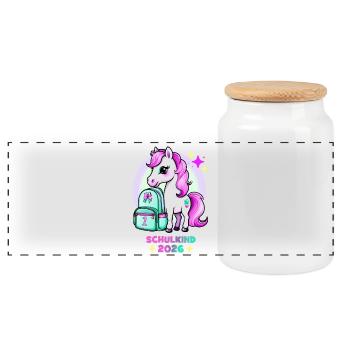 Pony mit Schulranzen Schulkind 2026 Pink Türkis - Panorama Keksdose mit Holzdeckel - Weiß - Vorne