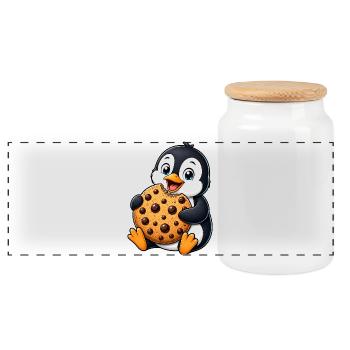 Cute Penguin Cookies Cartoon Happy Snacking - Panoramic Cookie Jar with Wooden Lid - white - Front