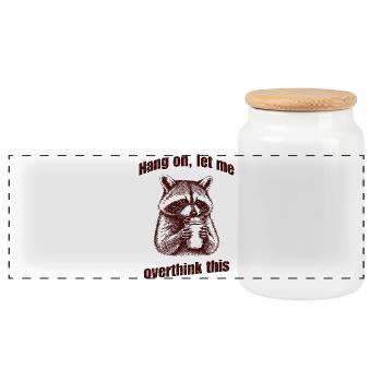 Raccoon with coffee - Panoramic Cookie Jar with Wooden Lid - white - Front