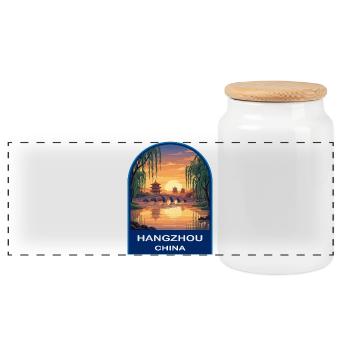 Hangzhou China West Lake Retro Sunset Badge - Panoramic Cookie Jar with Wooden Lid - white - Front