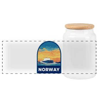 Norway Oslo Opera House Retro Sunset Travel Badge - Panoramic Cookie Jar with Wooden Lid - white - Front