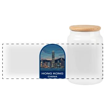 Hong Kong Skyline Victoria Harbour Retro Badge - Panoramic Cookie Jar with Wooden Lid - white - Front