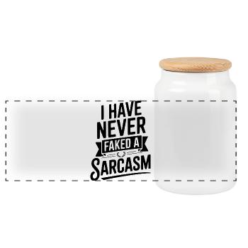 I Have Never Faked a Sarcasm - Panoramic Cookie Jar with Wooden Lid - white - Front