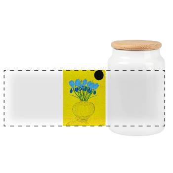 Vase d’iris bleu sur fond jaune - Boîte à biscuits avec couvercle en bois - blanc - Devant