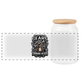 Shifting Gears Turning Heads - Panoramic Cookie Jar with Wooden Lid - white - Front