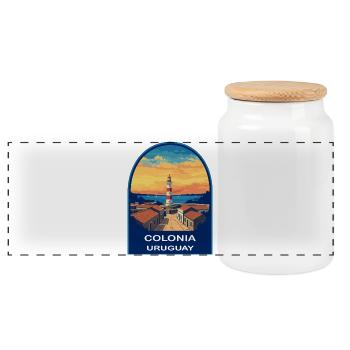 Colonia Uruguay Lighthouse Retro Sunset Badge - Panoramic Cookie Jar with Wooden Lid - white - Front
