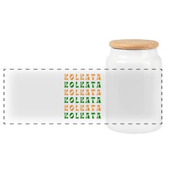Kolkata Mosaic in Saffron & Emerald - Panoramic Cookie Jar with Wooden Lid - white - Front
