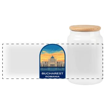 Bukarest Rumäniens Parlament Retro Sonnenuntergangsabzeichen - Panorama Keksdose mit Holzdeckel - Weiß - Vorne