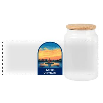 Hanoi Vietnam Turtle Tower Retro Sunset Badge - Panoramic Cookie Jar with Wooden Lid - white - Front