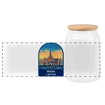 Riga, Lettland, Altstadt, Uferpromenade Retro Sonnenuntergangsabzeichen - Panorama Keksdose mit Holzdeckel - Weiß - Vorne