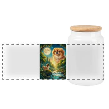 Howling to the Moon Meme Hund Pekingese - Panorama Keksdose mit Holzdeckel - Weiß - Vorne