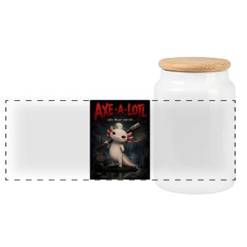 Axe-a-lotl – Süßes Horror Axolotl mit Axt - Panorama Keksdose mit Holzdeckel - Weiß - Vorne