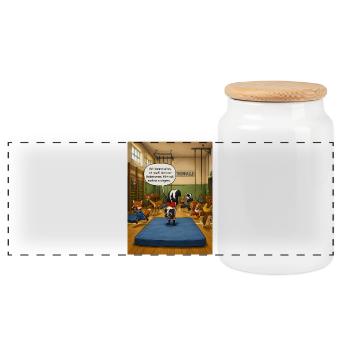 Bodenturnen – Lustiges Stinktier Turnhallen Motiv - Panorama Keksdose mit Holzdeckel - Weiß - Vorne