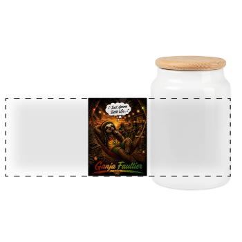 Ganja Faultier – Reggae Faultier mit Tropen-Vibes - Panorama Keksdose mit Holzdeckel - Weiß - Vorne