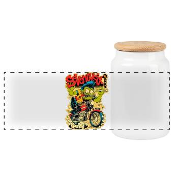 Green Monster on Motorcycle – Comic Style - Panoramic Cookie Jar with Wooden Lid - white - Front