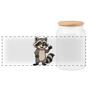 Waving Raccoon Cartoon Motif - Panoramic Cookie Jar with Wooden Lid - white - Front