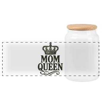 Mom Queen – Vintage Crown Statement Design - Panoramic Cookie Jar with Wooden Lid - white - Front