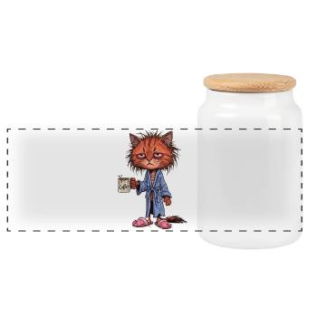 Chat Café Fatigué - Boîte à biscuits avec couvercle en bois - blanc - Devant