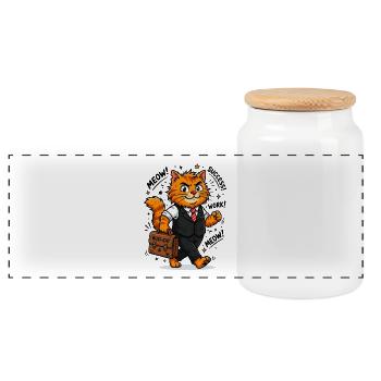  Fleißiger Business-Kater mit Aktentasche - Panorama Keksdose mit Holzdeckel - Weiß - Vorne
