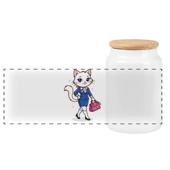 Elegant business cat with pink bag - Panoramic Cookie Jar with Wooden Lid - white - Front