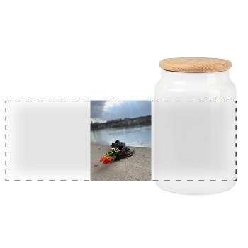 A shoe on the edge with a flower - Panoramic Cookie Jar with Wooden Lid - white - Front