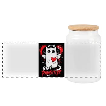 Stay Pawsitive Cat Graffiti - Panoramic Cookie Jar with Wooden Lid - white - Front