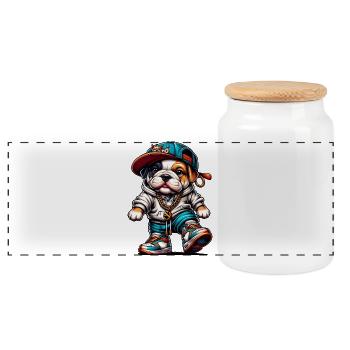 Cute Hip Hop Bulldog Puppy Streetwear Dog Merch - Panoramic Cookie Jar with Wooden Lid - white - Front