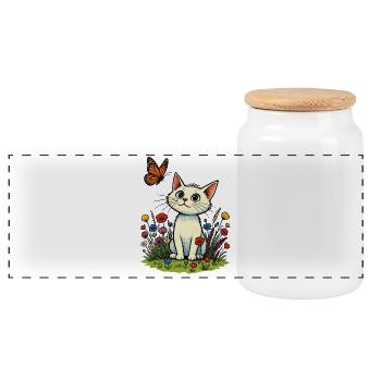 White cat with butterfly on flower meadow - Panoramic Cookie Jar with Wooden Lid - white - Front