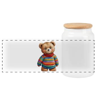 Un joli ours en peluche dans un pull rayé coloré - Boîte à biscuits avec couvercle en bois - blanc - Devant