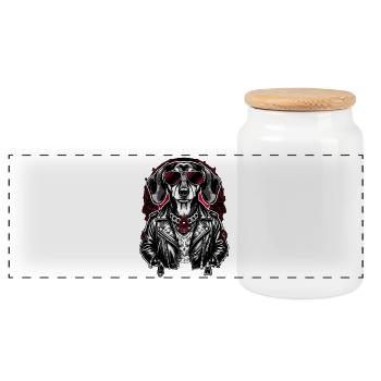 Rock Dachshund Tattoo Style – Bold Streetwear - Panoramic Cookie Jar with Wooden Lid - white - Front