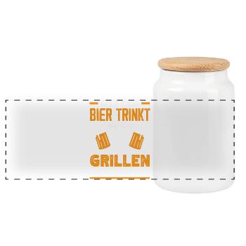 Grillmeister Geschenk Fleisch Wurst & Bier - Panorama Keksdose mit Holzdeckel - Weiß - Vorne
