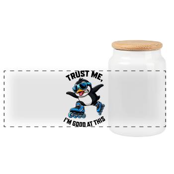 Cooler Pinguin Inline Skater Lustig Comic - Panorama Keksdose mit Holzdeckel - Weiß - Vorne