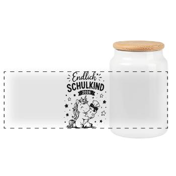 Endlich Schulkind 2026 Einhorn - Panorama Keksdose mit Holzdeckel - Weiß - Vorne